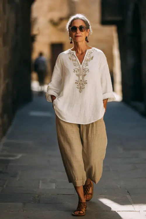 A woman over 50 wears a relaxed cotton blouse with subtle embroidery and flowy wide-leg pants, styled with leather sandals and statement earrings