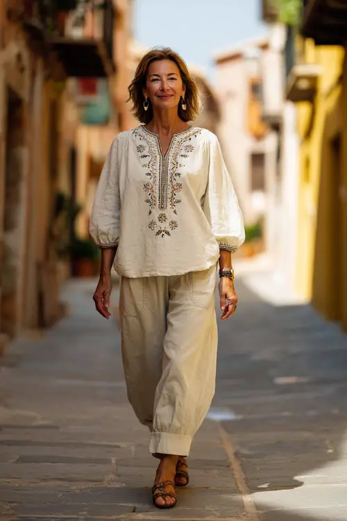 A woman over 50 wears a relaxed cotton blouse with subtle embroidery and flowy wide-leg pants, styled with leather sandals and statement earrings