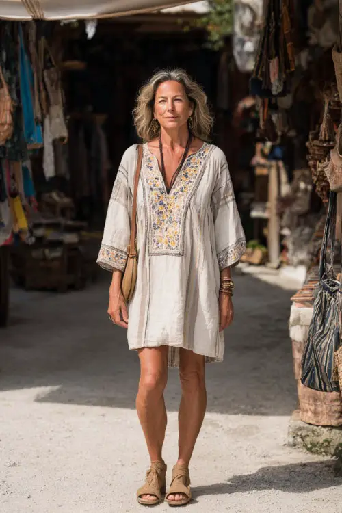 A woman over 50 wears a relaxed-fit embroidered tunic dress with neutral tones, paired with espadrille wedges and a crossbody bag