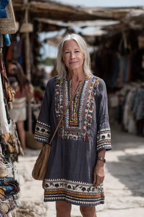 A woman over 50 wears a relaxed-fit embroidered tunic dress with neutral tones, paired with espadrille wedges and a crossbody bag