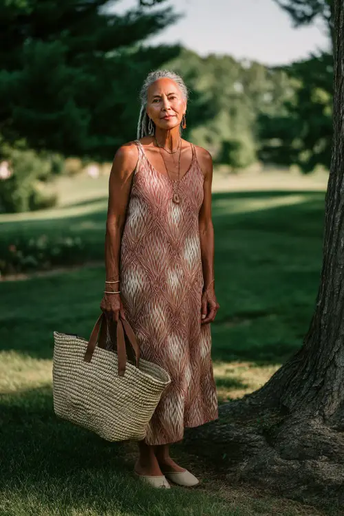 A woman over 50 wears a sleeveless boho midi dress with soft geometric patterns, paired with comfortable flats and a woven tote bag, standing in a peaceful park setting
