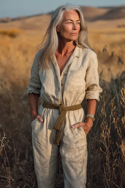 A woman over 50 wears a soft linen jumpsuit with a relaxed fit and subtle texture, styled with flat sandals and a woven belt, standing in a countryside field with tall grass