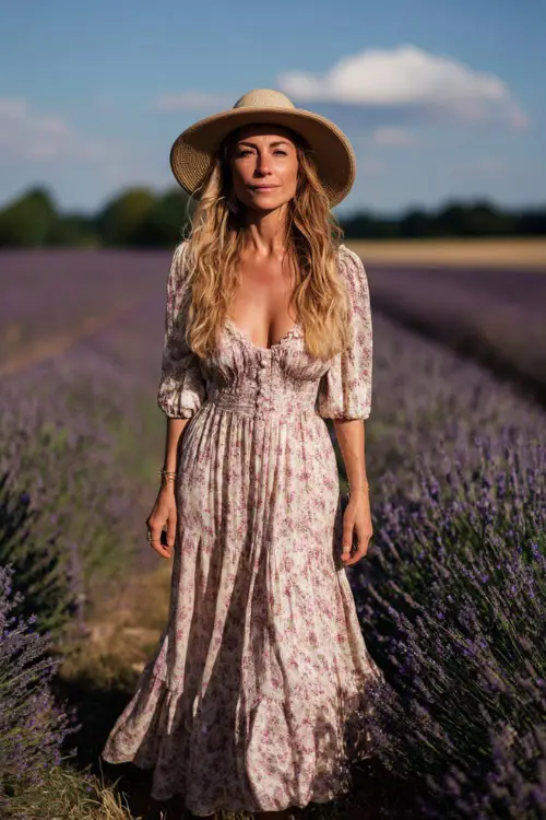 A woman over 50 wears a soft pastel boho maxi dress with delicate prints, paired with low block heels and a straw hat, standing in a lavender field
