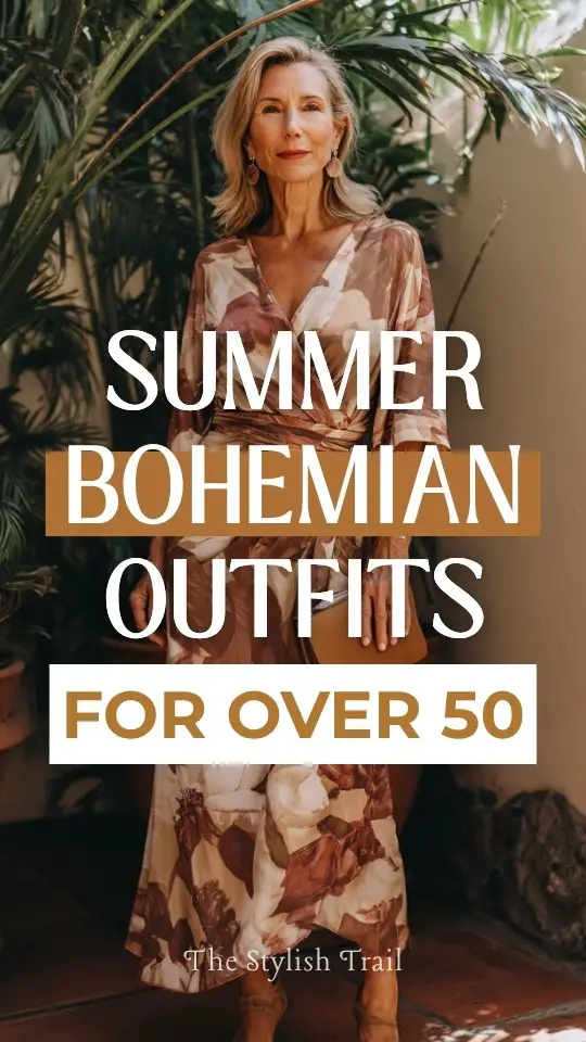 A woman over 50 wears a summer boho outfit with a flowy wrap dress with boho-inspired prints and a flattering silhouette, paired with low heels and a leather clutch