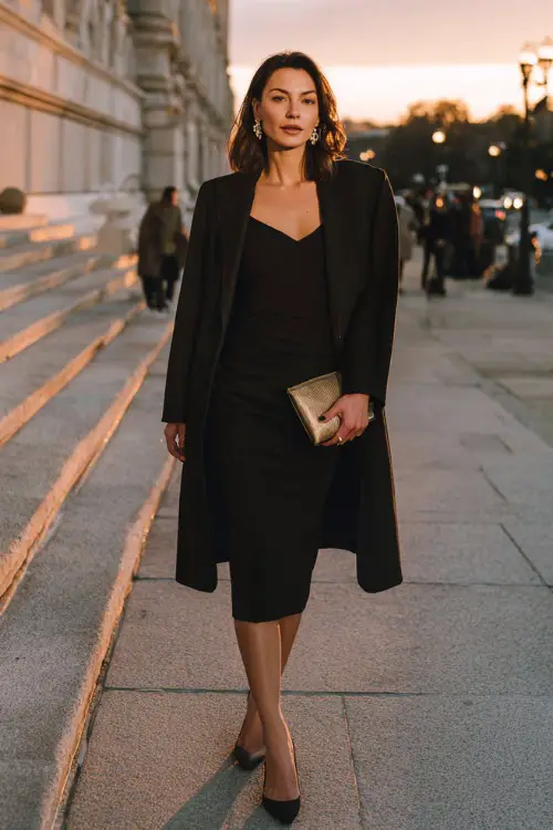 A woman wears a black midi dress layered with a tailored coat, styled with pointed-toe heels and a sleek leather clutch, accessorized with statement earrings 