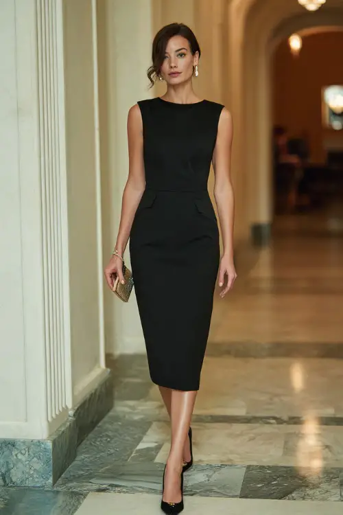A woman wears a black midi sheath dress with subtle waist definition, paired with classic pumps and pearl earrings, holding a small clutch