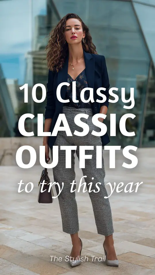 A woman wears a classy classic outfit with a navy blazer over a silk camisole paired with tailored ankle-length trousers, styled with classic pumps and a structured bag