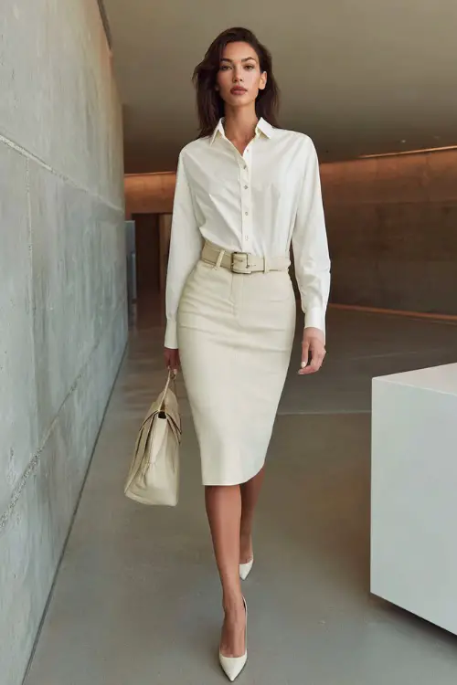 A woman wears a crisp white button-down shirt tucked into a high-waisted pencil skirt, styled with pointed heels and a slim belt, carrying a structured handbag
