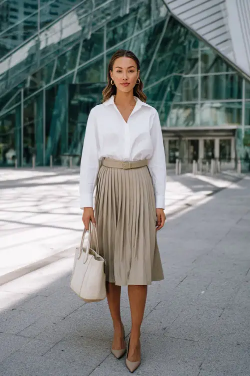A woman wears a crisp white button-down shirt tucked into a pleated midi skirt, styled with nuetral heels and a slim belt 