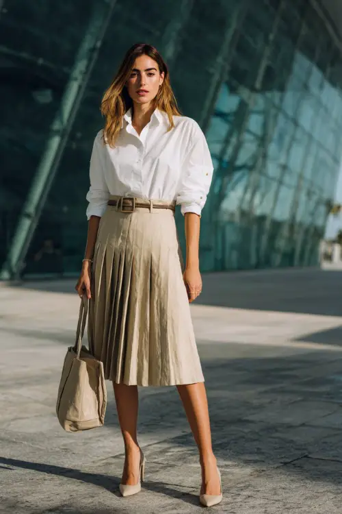A woman wears a crisp white button-down shirt tucked into a pleated midi skirt, styled with nuetral heels and a slim belt, carrying a structured tote bag