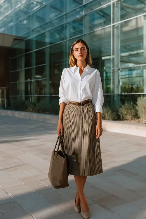 A woman wears a crisp white button-down shirt tucked into a pleated midi skirt, styled with nuetral heels and a slim belt