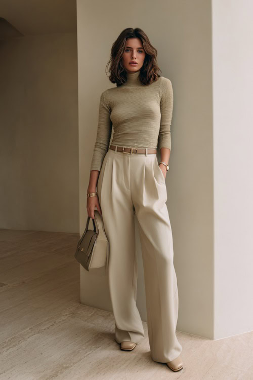 A woman wears a fitted knit top with high-waisted wide-leg trousers, styled with loafers and a minimalist watch, holding a handbag 