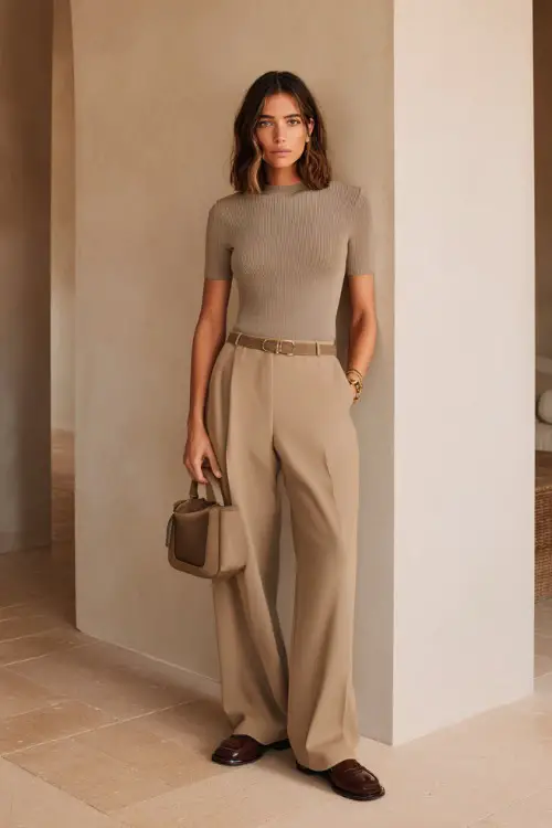 A woman wears a fitted knit top with high-waisted wide-leg trousers, styled with loafers and a minimalist watch, holding a handbag 