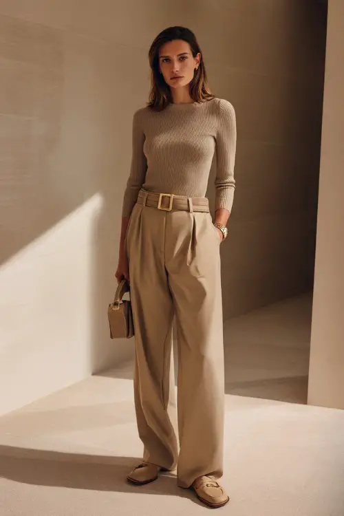 A woman wears a fitted knit top with high-waisted wide-leg trousers, styled with loafers and a minimalist watch, holding a handbag