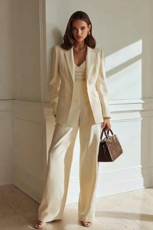 A woman wears a monochrome cream outfit with a tailored blazer and wide-leg trousers, styled with nuetral heels and a structured handbag, accessorized with gold jewelry