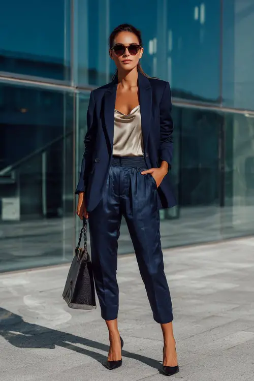A woman wears a navy blazer over a silk camisole paired with tailored ankle-length trousers, styled with classic pumps and a structured bag 