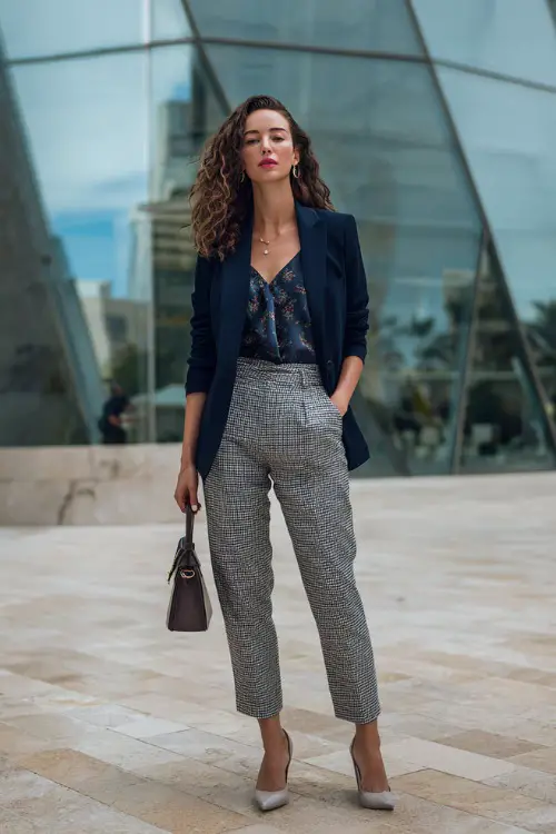 A woman wears a navy blazer over a silk camisole paired with tailored ankle-length trousers, styled with classic pumps and a structured bag