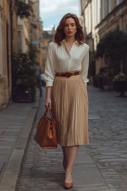 A woman wears a pleated midi skirt paired with a tucked-in blouse and a slim belt, styled with kitten heels and a leather handbag, standing in a European-style street setting 
