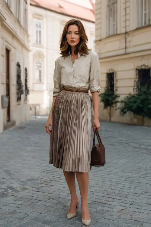 A woman wears a pleated midi skirt paired with a tucked-in blouse and a slim belt, styled with kitten heels and a leather handbag, standing in a European-style street setting
