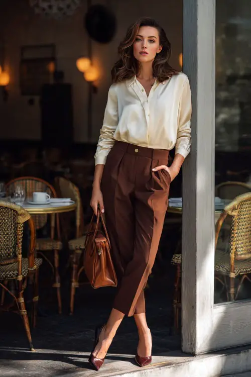 A woman wears a silk blouse paired with tailored ankle-length trousers, styled with classic pumps and a leather handbag