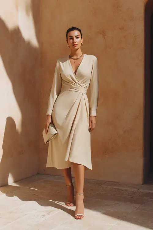 A woman wears a soft beige midi wrap dress with long sleeves, styled with delicate jewelry and strappy heels, holding a small clutch, standing in a sunlit outdoor courtyard