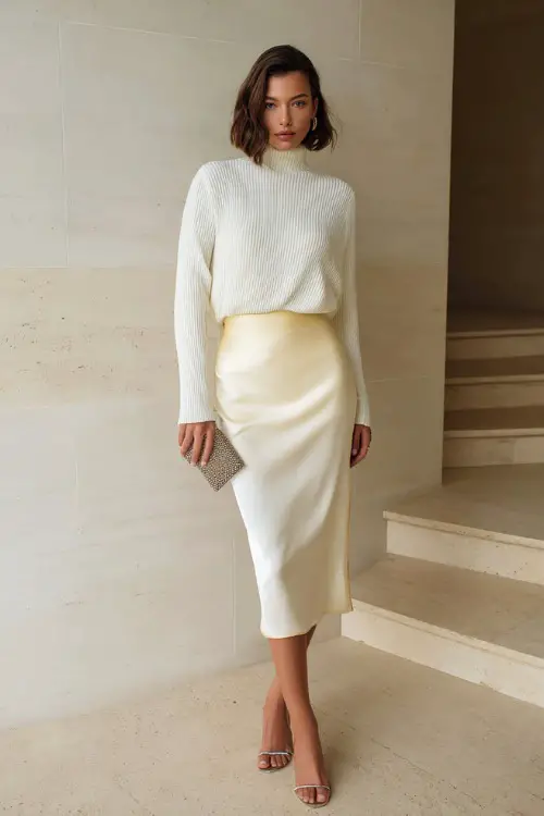A woman wears a soft satin midi skirt paired with a fitted knit sweater, styled with heels and delicate jewelry, holding a clutch, standing in a minimalist indoor setting 