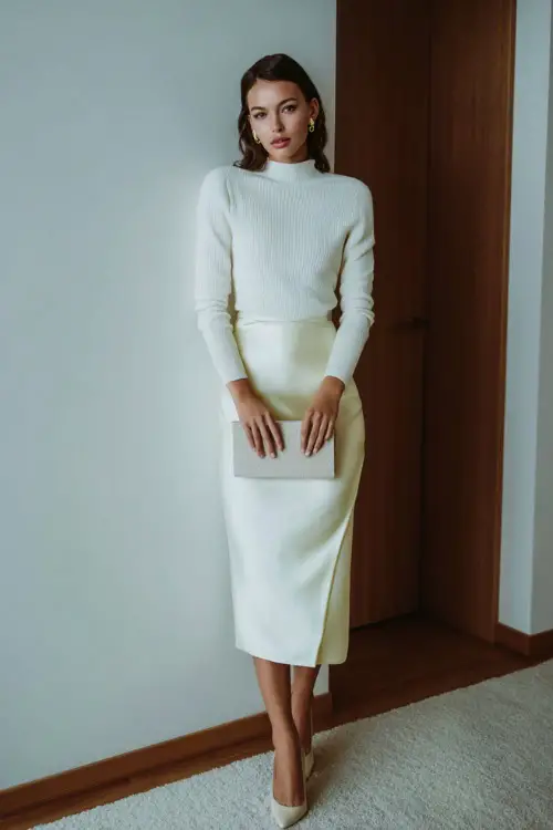 A woman wears a soft satin midi skirt paired with a fitted knit sweater, styled with heels and delicate jewelry, holding a clutch, standing in a minimalist indoor setting