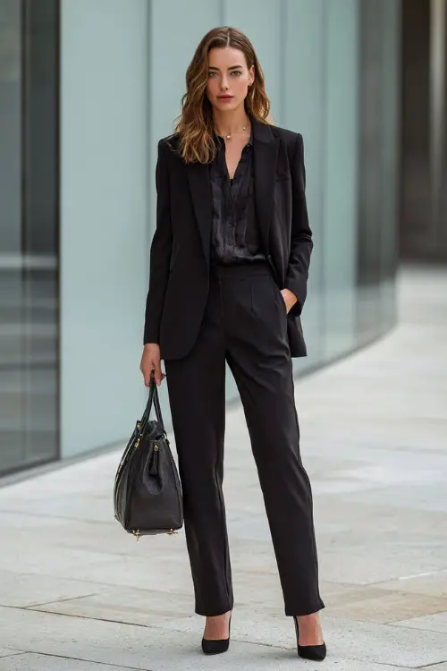 A woman wears a tailored black blazer with matching straight-leg trousers and a silk blouse, styled with pointed-toe heels and a structured leather handbag 