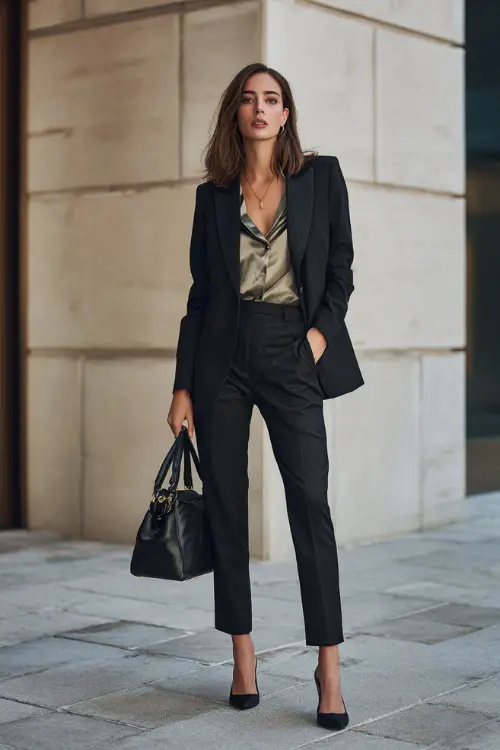 A woman wears a tailored black blazer with matching straight-leg trousers and a silk blouse, styled with pointed-toe heels and a structured leather handbag