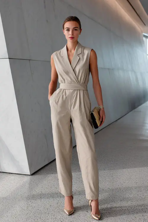 A woman wears a tailored jumpsuit in a neutral shade with a defined waist, styled with heels and a structured clutch, standing in a modern indoor space with clean lines