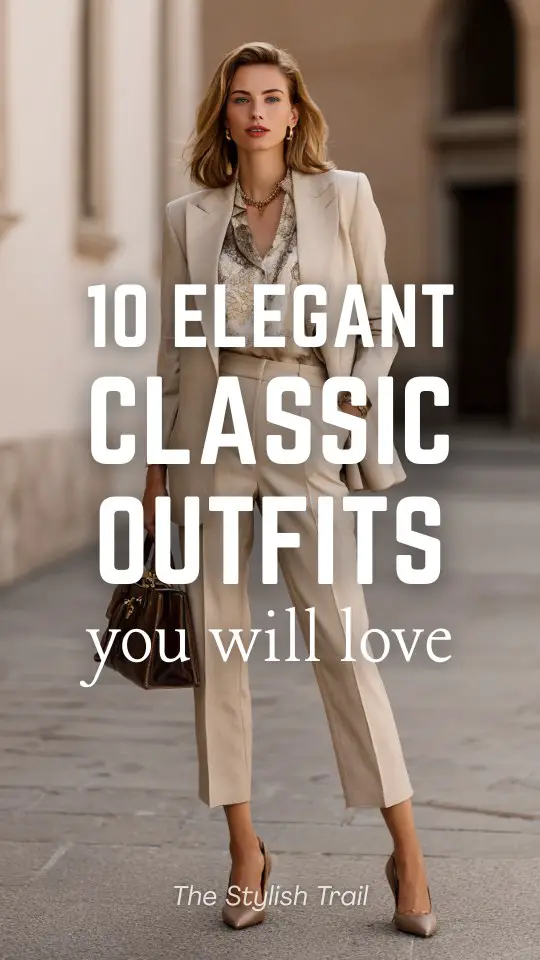 A woman wears an elegant classic outfit with a tailored beige blazer with matching high-waisted trousers and a silk blouse, styled with pointed-toe heels and a structured leather handbag
