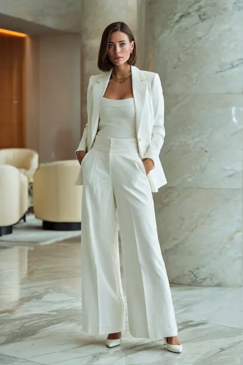 Full body editorial photo of an elegant woman in a classic monochrome all-white outfit consisting of a tailored blazer, wide-leg trousers, and a fitted camisole underneath 