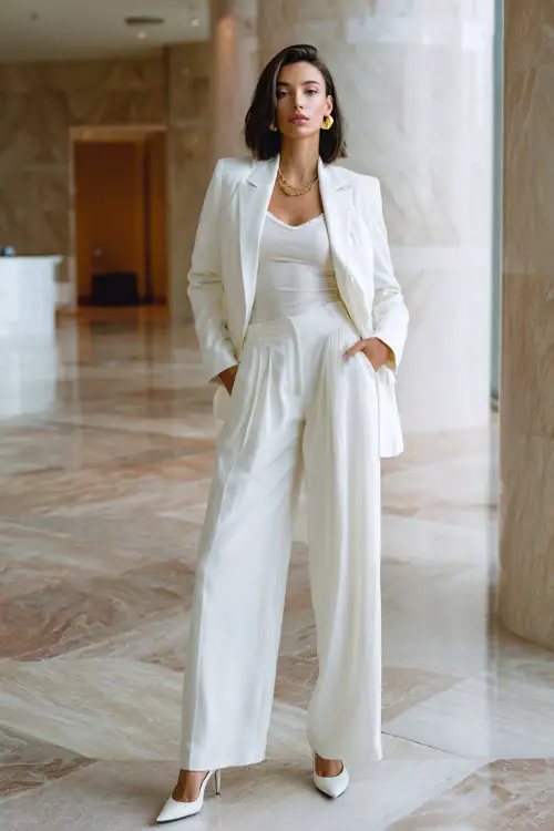 Full body editorial photo of an elegant woman in a classic monochrome all-white outfit consisting of a tailored blazer, wide-leg trousers, and a fitted camisole underneath