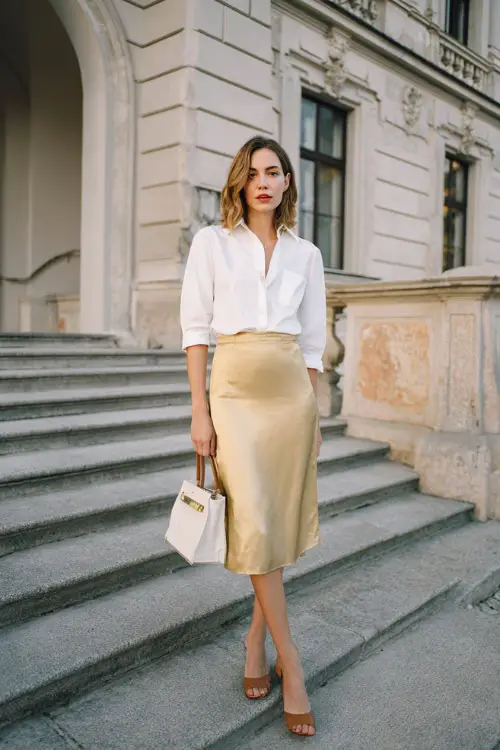 Full body editorial photograph of a poised woman wearing a classic silk midi slip skirt in champagne tone paired with a fitted white button-down shirt tucked in