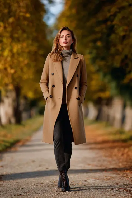 Full body fashion photograph of a refined woman dressed in a well-tailored double-breasted camel coat over a light grey turtleneck and slim dark charcoal trousers 