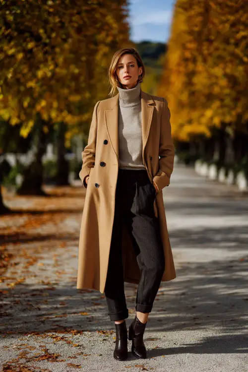 Full body fashion photograph of a refined woman dressed in a well-tailored double-breasted camel coat over a light grey turtleneck and slim dark charcoal trousers