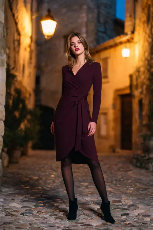 Full body fashion photograph of a sophisticated woman wearing a deep burgundy long-sleeve midi dress with a subtle wrap silhouette and a self-tie belt 