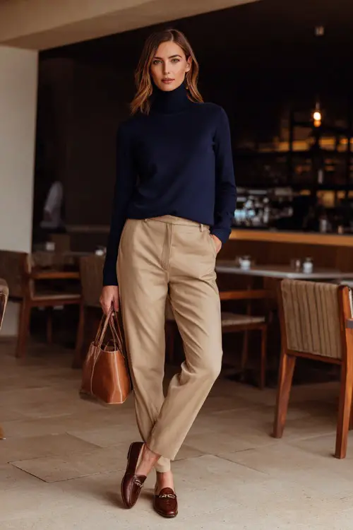 Full body photograph of an elegant woman dressed in a classic navy blue cashmere turtleneck sweater paired with well-fitted straight-leg camel trousers and brown leather loafers 