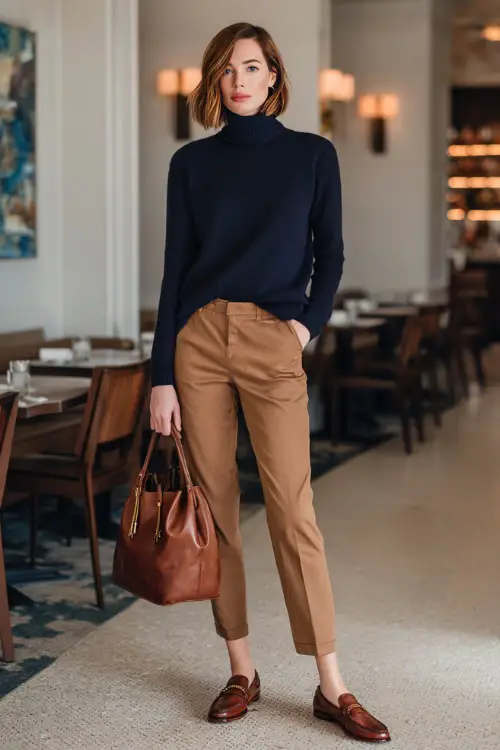 Full body photograph of an elegant woman dressed in a classic navy blue cashmere turtleneck sweater paired with well-fitted straight-leg camel trousers and brown leather loafers