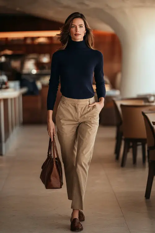 Full body photograph of an elegant woman dressed in a classic navy blue cashmere turtleneck sweater paired with well-fitted straight-leg camel trousers and brown leather loafers