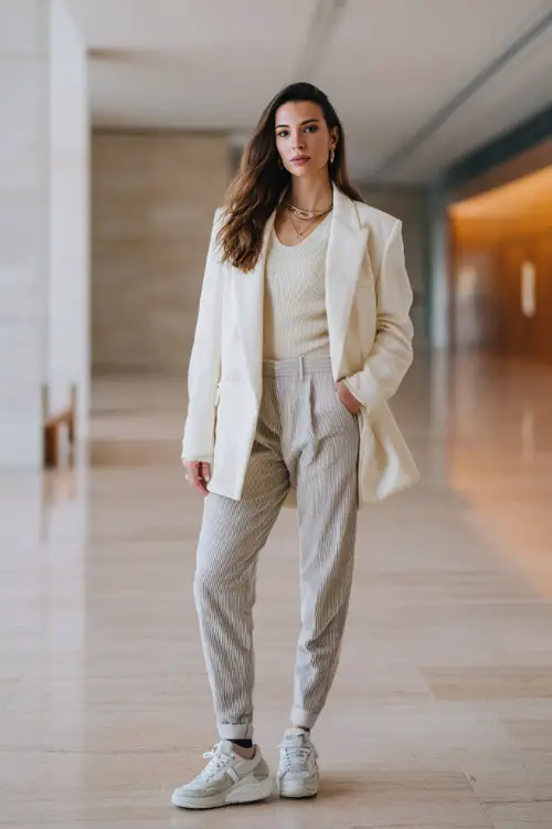 Full body portrait of a stylish woman in a soft ivory oversized blazer layered over a fitted ribbed cream top and tailored light grey slim trousers, wearing white leather sneakers 