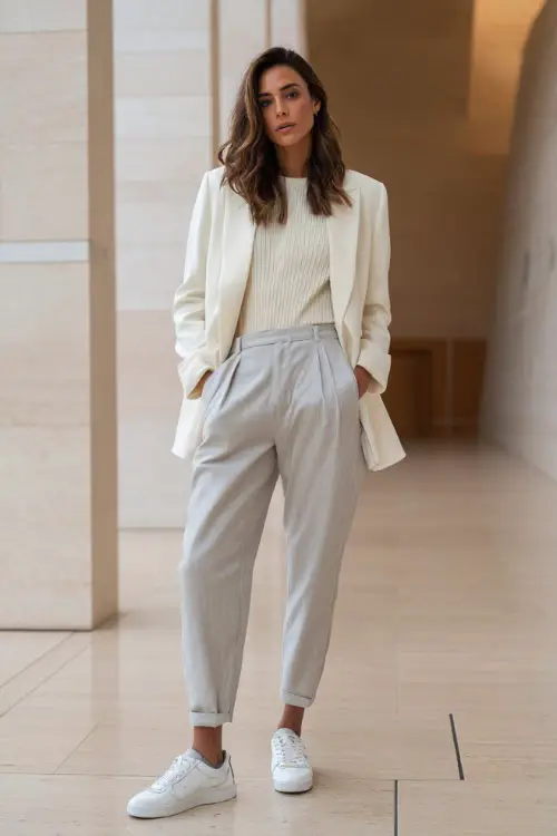 Full body portrait of a stylish woman in a soft ivory oversized blazer layered over a fitted ribbed cream top and tailored light grey slim trousers, wearing white leather sneakers