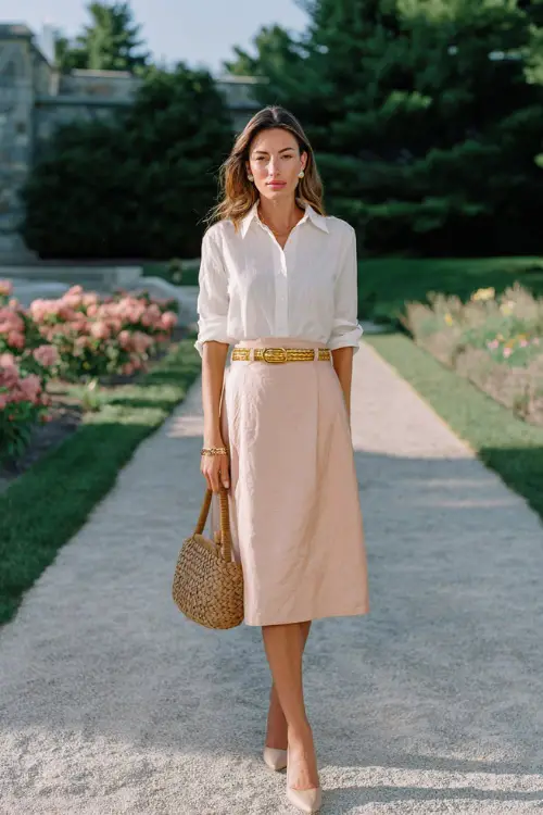 Full body shot of a chic woman wearing a timeless A-line midi skirt in soft blush tone paired with a tucked-in classic white linen shirt, a thin gold belt, and low block-heeled pumps