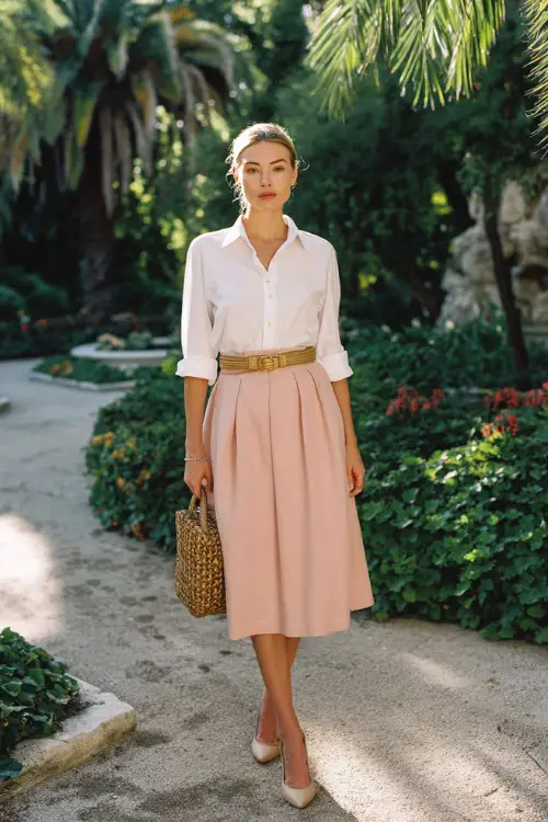 Full body shot of a chic woman wearing a timeless A-line midi skirt in soft blush tone paired with a tucked-in classic white linen shirt, a thin gold belt