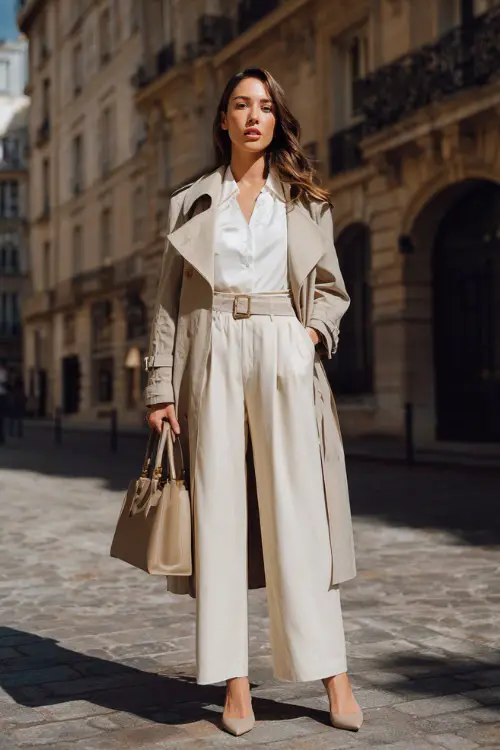Full body shot of a sophisticated woman wearing a tailored beige trench coat over a crisp white silk blouse tucked into high-waisted cream wide-leg trousers
