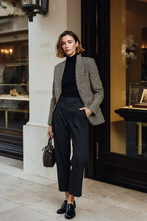 Full body street style shot of a graceful woman in a classic houndstooth pattern blazer over a fitted black turtleneck