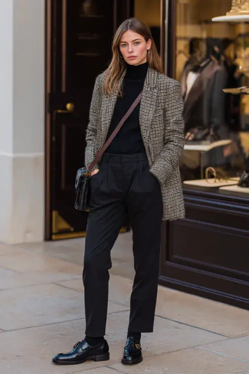 Full body street style shot of a graceful woman in a classic houndstooth pattern blazer over a fitted black turtleneck