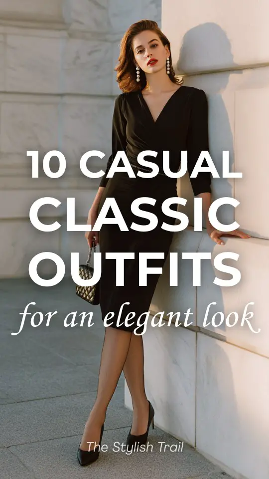 a woman wearing a casual classic elegant outfit with a black wrap dress with a belted waist, sheer stockings, and classic black kitten heels