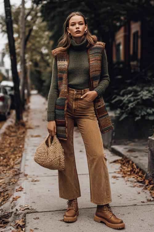 A woman dressed in a cozy olive green turtleneck sweater tucked into high-waist flared jeans in a warm caramel wash, a long patchwork boho vest in earthy tones layered over the top