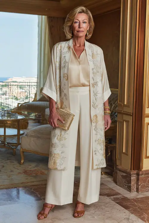 A woman in her 50s wearing a classic three-piece ensemble featuring a long-line silk kimono-style robe in soft ivory over a fitted silk blouse , tailored wide-leg trousers 